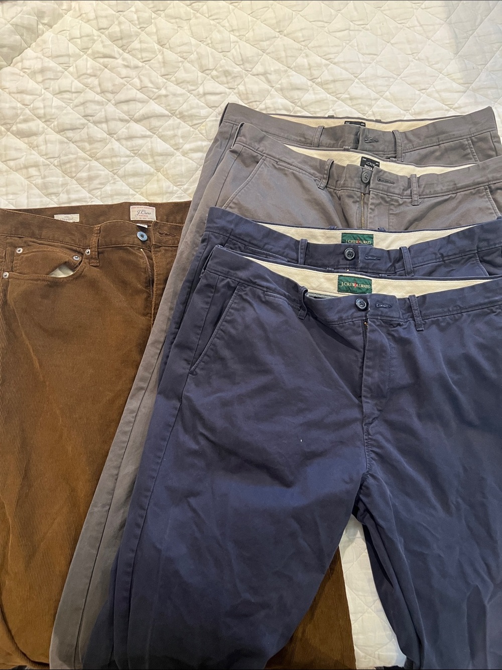 J. Crew Men's Chinos in Navy, Gray, and Brown